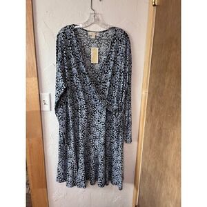 Michael‎ Kors Womens 3X Cloud Black Floral Print Long Sleeve Wrap Dress NWT
